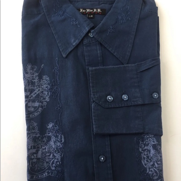 For Him U.K. Men Long Sleeve Shirt Large Navy Embroidered Print - Picture 11 of 14